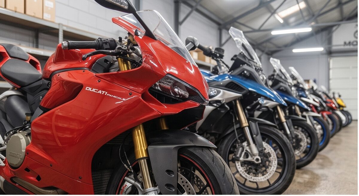 Verkoopklare motoren in de opslag van MotoHero